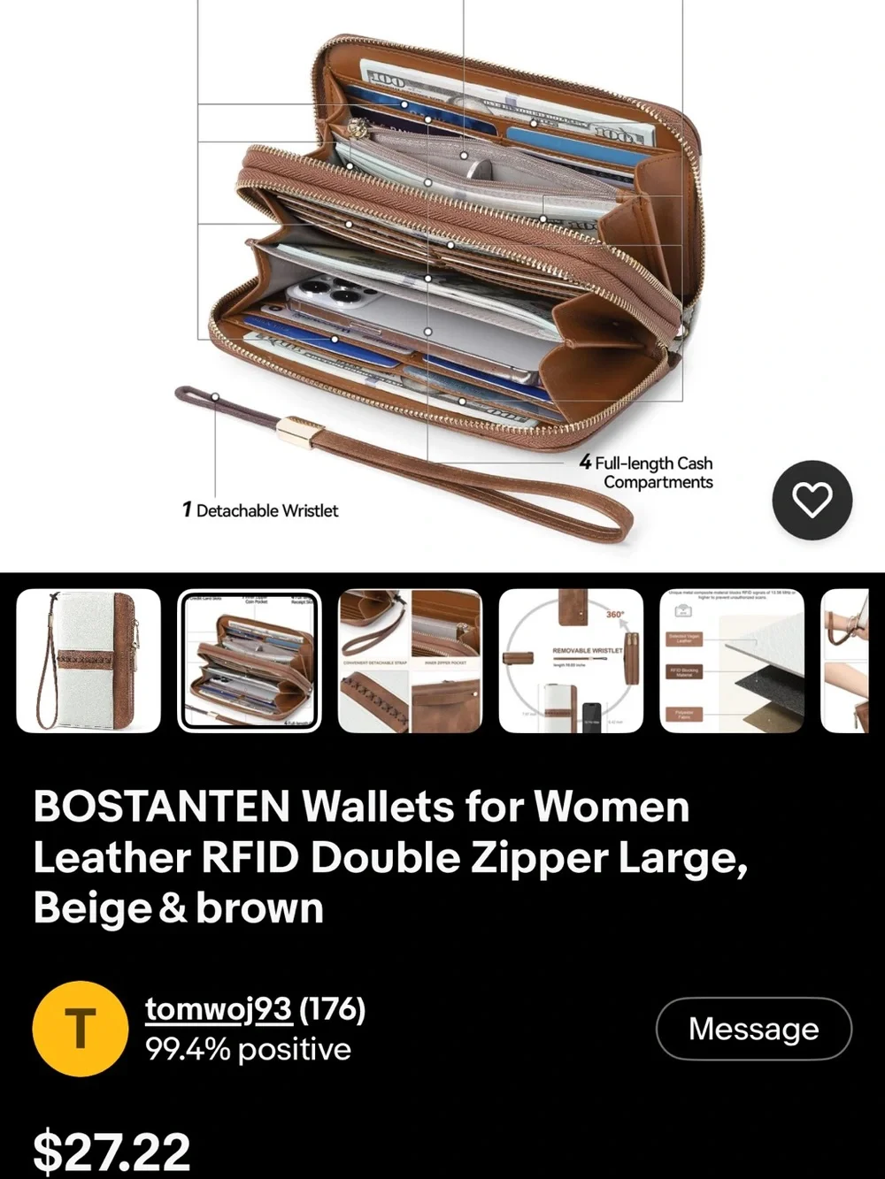 Bostanen RFID White and Brown double zip Full Capacity Wristlet Wallet